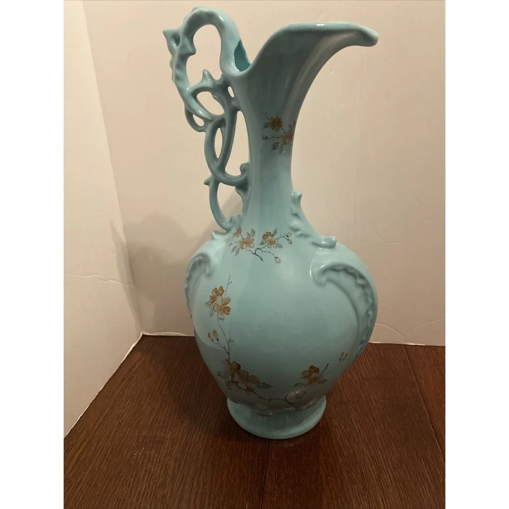 Vintage Art StudioPottery Vase Floral Hand Painted Dogwood Victorian‎ Style Teal